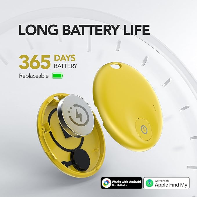 FindTag Duo - Dual System Tracker for iOS or Android, Bluetooth Tracking Tag/Key Finder/Luggage Tracker/Item Locator, Compatible with iOS Find My or Google Find Hub App (Yellow)