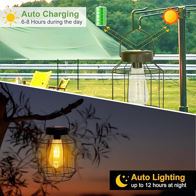 Solar Lights Outdoor Waterproof,Solar Lantern 2 Pack,Metal Hanging Outdoor Lanterns,Handle with Edison Bulb Solar Powered Lights for Yard Garden Patio Porch Pathway Decor