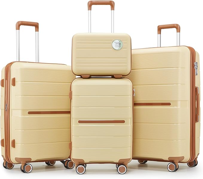 Campfun Luggage Sets 4 Piece, Expandable Carry On Luggage Set Hardshell PP, Suitcase Set with Double Spinner Wheels, Checked Durable Lightweight with TSA Lock, 14/20/24/28in, Khaki Brown(A)