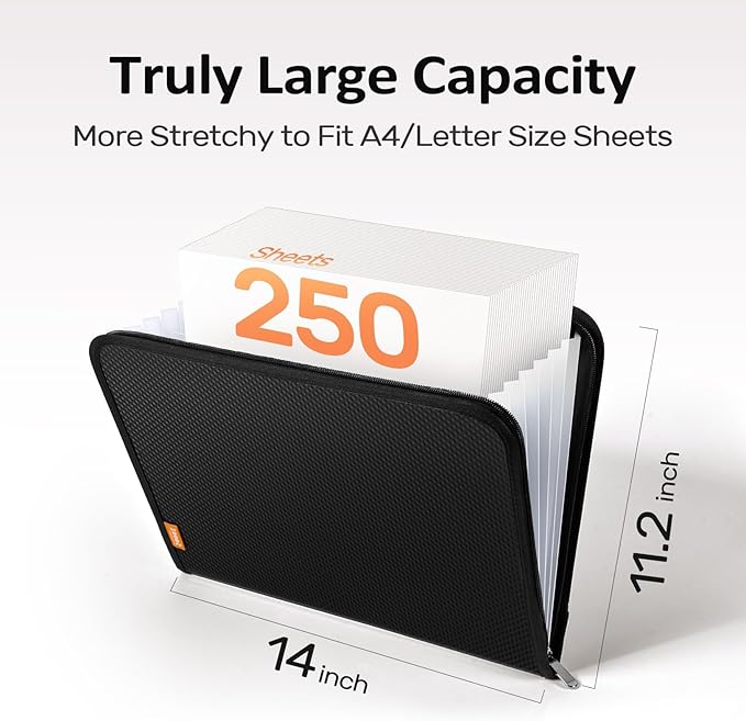 Sooez 7 Pockets Accordion File Organizer, Zipper Expanding File Folder, Heavy Duty Folder Organizer, Sleek Letter Size Accordion Folder, Portable Expandable File Folder for Documents, Black