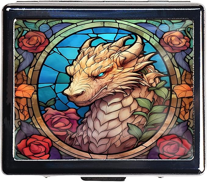 Silver Vintage Pill Box 7 Day Metal Pill Box with Mirror and 8 Compartments Cute Travel Pill Organizer for Purse (Dragon Stained Glass)