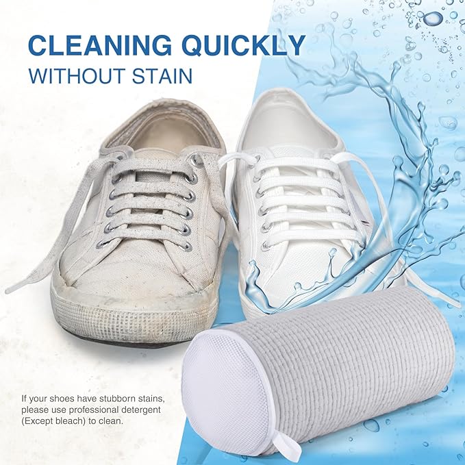 Shoe Laundry Bags for Washing Machine, 2024 New Reusable Laundry Shoe Bag for Washer and Dryer, Fluffy Fibers 360° Wrap-Around Cleaning, 2 Pairs Adjustable Shoe Trees for All Shoes, ‎Gray