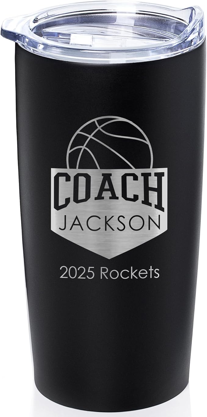 Lifetime Creations Personalized Basketball Coach Tumbler: Custom Basketball Coach Gift, Coaches Coffee Travel Mug from Team, Insulated Engraved Stainless Steel 20 Ounce Cup (Matte Black)