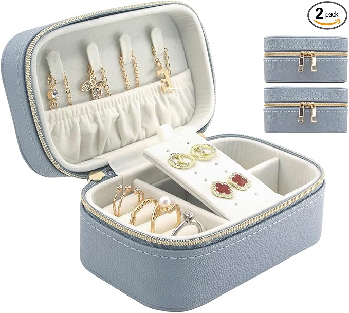 Travel Jewelry Case Bulk Of 2 For Women Weekend,Gold Zip, PU Leather Compact Jewelry Organizer For Earring Bracelets Blue Travel Jewelry Box Set Perfect For Small Bridesmaid Jewelry Box Gift
