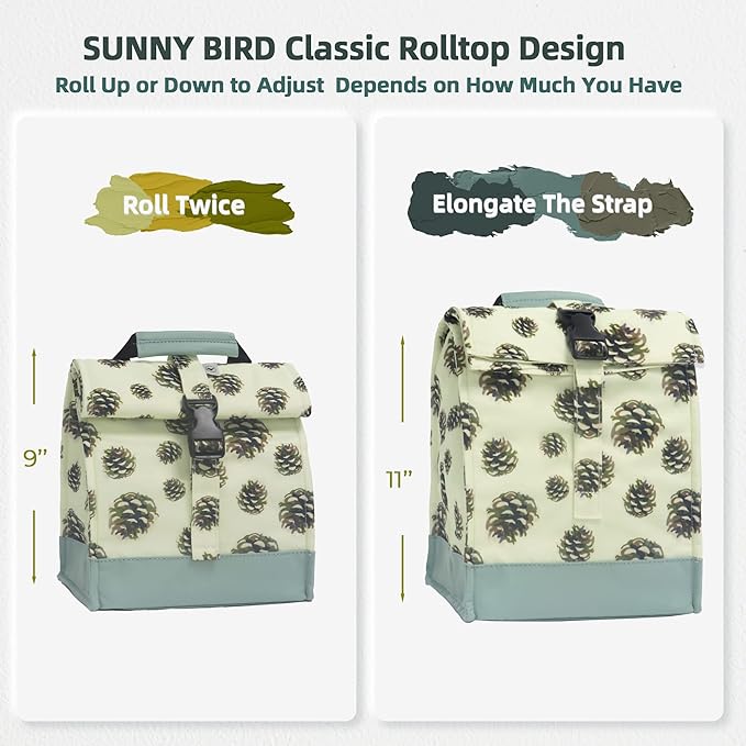 SUNNY BIRD Insulated Lunch Bag Rolltop Lunch Cooler Cute Lunch Box for Girls, Teens and Kids (Pinecone)