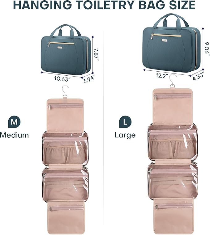 Hanging Toiletry Bag for Women Travel, 2 Sizes Large & Small Waterproof Cosmetic Organizer with 4 Compartments, Rotating Hook, Foldable Pink Travel Bag for Toiletries & Makeup, Large Lake Blue