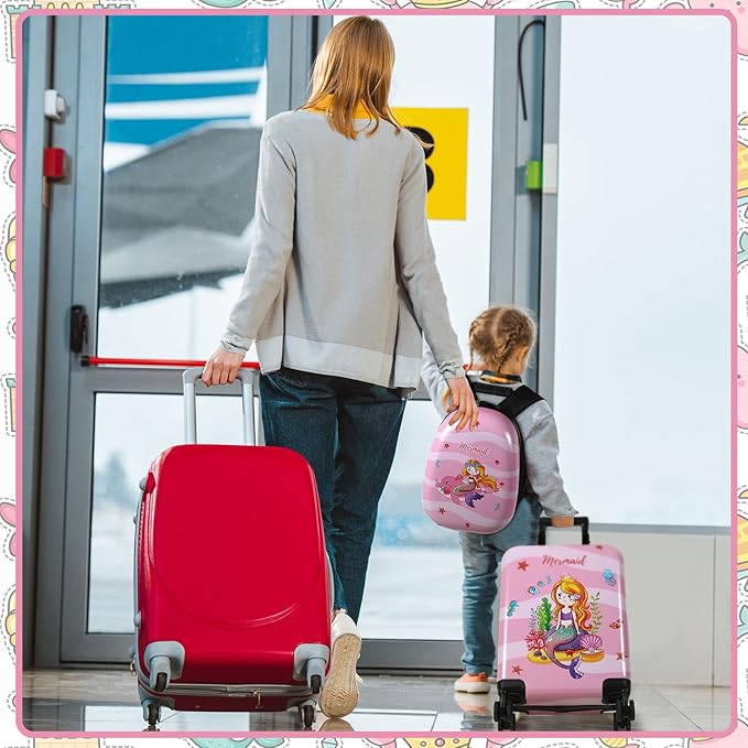 Weewooday Kids Luggage and Backpack 18" Suitcase with Spinner Wheel Hard Case Travel 13" Backpack Girl Suitcase Set for Kids Travel Supplies(Pink,Mermaid Style)