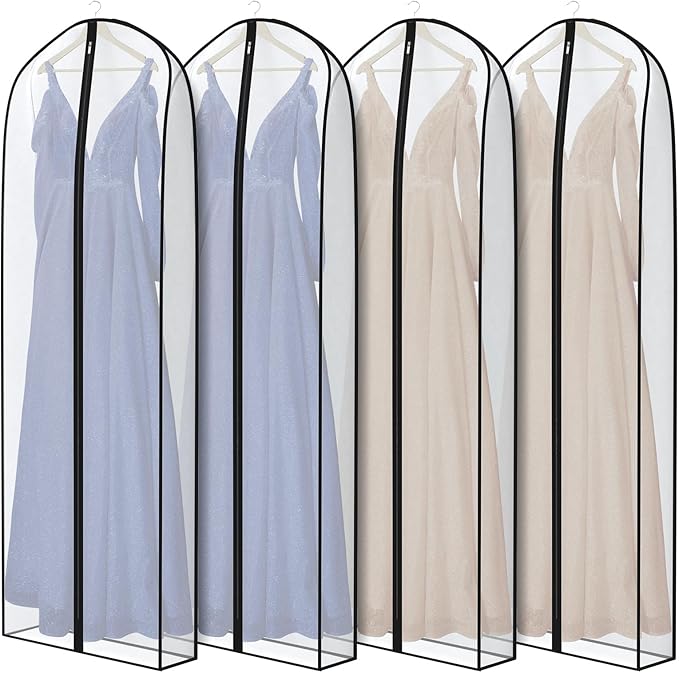 Zilink Breathable Dress Bags for Gowns Long 72” Wedding Dress Storage Bags Silky Dress Bags for Closet Storage with 7" Gussted Wrinkle Free for Long Evening Dresses Puffy Dress Storage, Set of 4