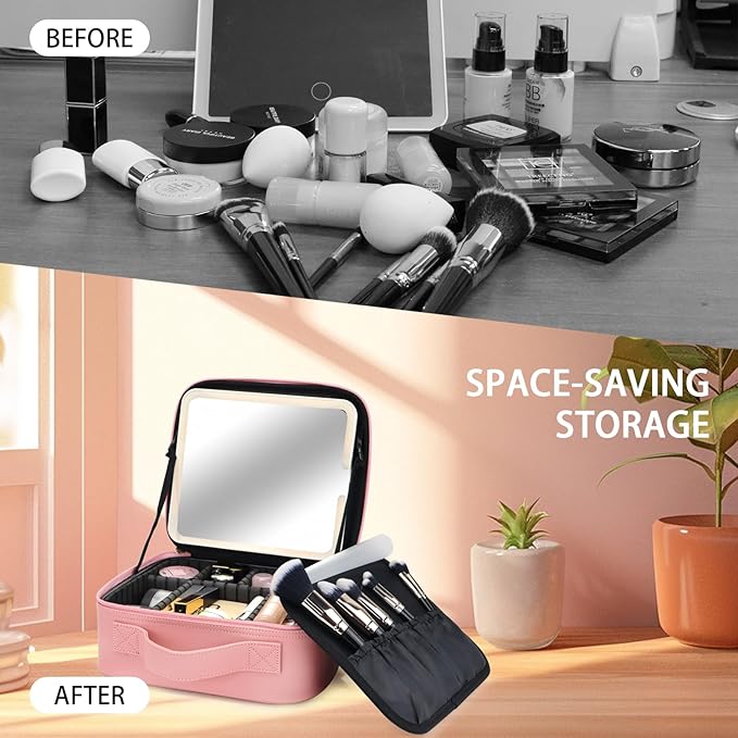 Makeup Bag with Led Mirror,Travel Makeup Organizer with 3 Color Setting, Portable Storage and Adjustable Dividers Travel Makeup Bag(Pink)