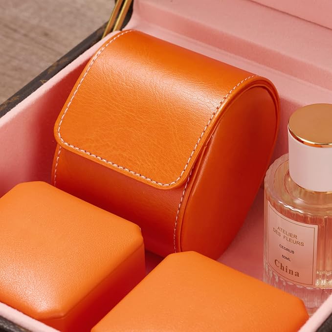 Oirlv Luxury Leather Travel Watch Case Single Watch Box for Women Portable Jewelry Watch Storage Roll Organizer(Orange)