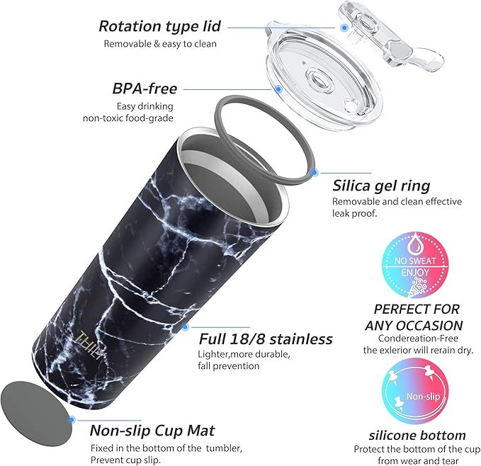 THILY Stainless Steel Vacuum Insulated Tumbler Travel Mug 26 oz Coffee Cup with 2 Lids and Straws, Splash Proof, Keep Ice Drinks Cold, Black Marble