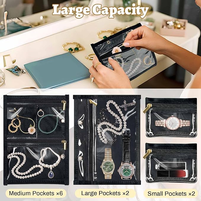 Travel Jewelry Organizer Case, Jewelry Storage Bag with Zipper Velvet Pockets, Portable Jewelry Case for Necklaces, Rings, Earrings, Bracelets