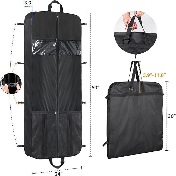 Zilink 60” Travel Garment Bags for Hanging Clothes Waterproof Long Garment Bags for Dresses with Accessory Pouch Suit Travel Bags with Adjustable Handles and Buckles for Suit Tuxedos Dresses Gowns