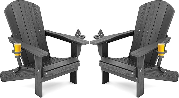 SERWALL Foldable Adirondack Chair Set of 2, HDPE Adirondack Chair with Wood-Texture-Gray