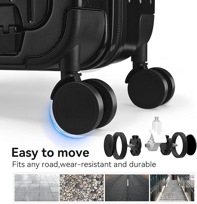 SOKOK Front Pocket Luggage with Spinner Wheels, 24'' Wide Handle Travel Suitcase PC Hardshell Multifunctional Luggage with Charging Port and Cup Holder, Black