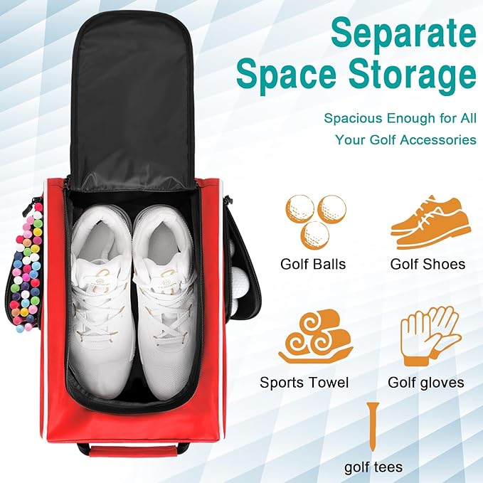 Wolt Golf Shoe Bag - Sports & Travel Shoes Carrier Bags with Ventilation & Double Outside Accessory Pocket for Socks, Tees, Golf Balls, etc. for women and men (Red)