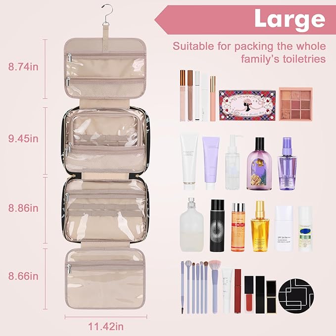 Wedama Toiletry Bag for Women, Large Cosmetic Travel Bag, Hanging Toiletry Bag for Bathroom, PVC Waterproof Makeup Bag, Toiletries Bag for Travel Business Trips and Camping, Black+Pink Floral