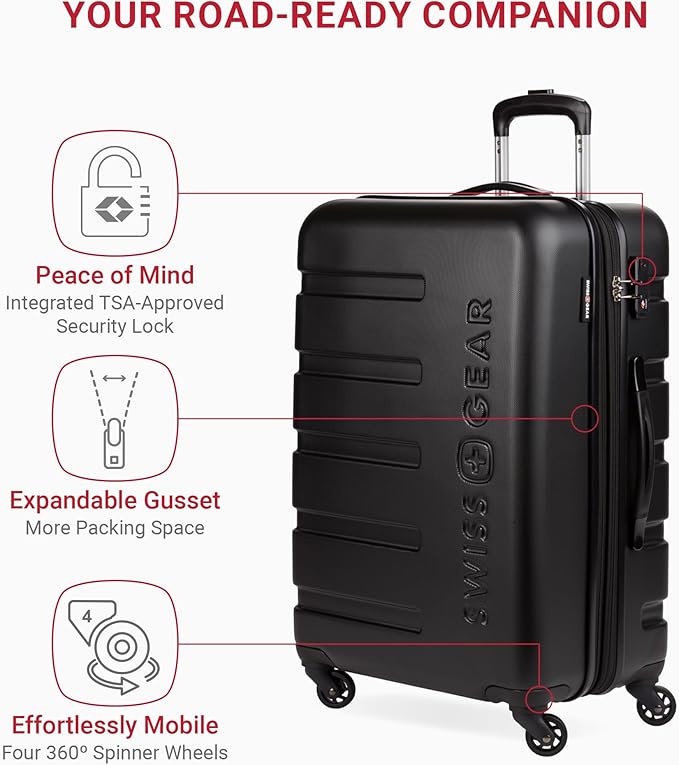 SwissGear 7366 Hardside Expandable Luggage with Spinner Wheels, Black, Checked-Medium 23-Inch