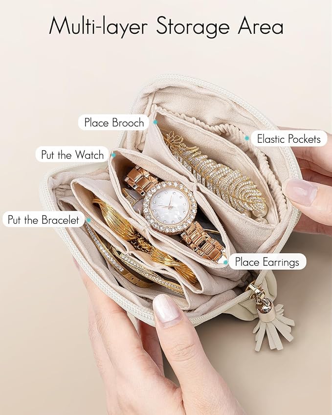 Vlando Small Travel Jewelry Case,Travel Gifts for Women,Jewelry Pouch Bags with Zipper,Velvet Jewelry Organizer Storage Bag for Bracelet Rings Earring-Cream White