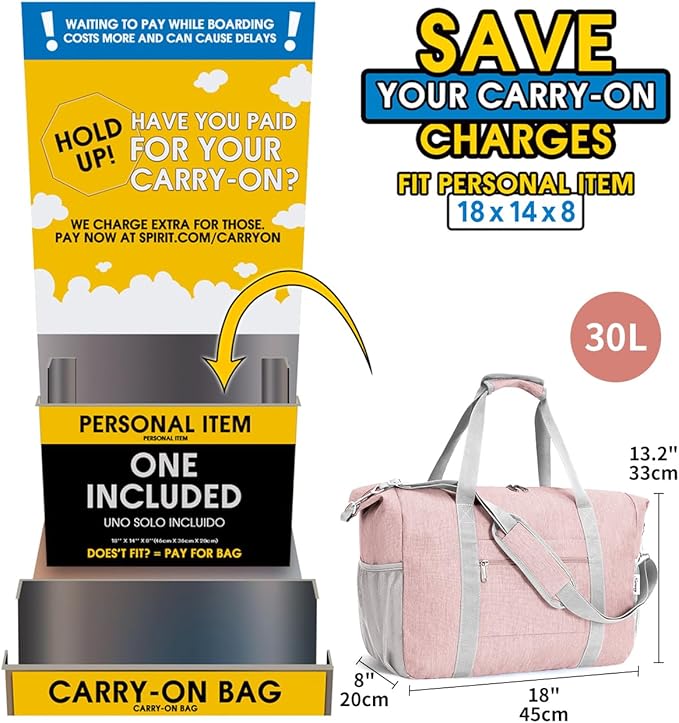 Narwey 18x14x8 Inches Travel Bag Spirit Airlines Frontier Personal Item Bag, Travel Duffel With Wet Pocket Carry on Bag for Airplane Underseat Duffle Overnight for Women and Men (Pink)