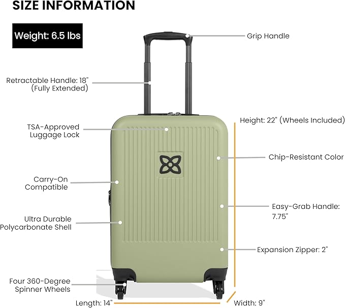 Sherpani Meridian, 22 Inch Carry On Luggage Airline Approved, Rolling Hardside Suitcase 22x14x9, Travel Luggage for Women, Expandable Suitcase, Travel Gift (Sage)