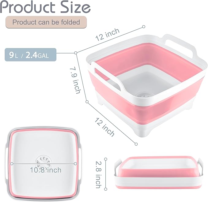 2.4 Gal(9L) Collapsible Dish Basin with Drain Plug - Multiuse Foldable Wash Basin for Baby Bottles, Space-Saving Multiuse Dish Tub, Kitchen Sink for Camping, Dishes Washing, RV (Pink)