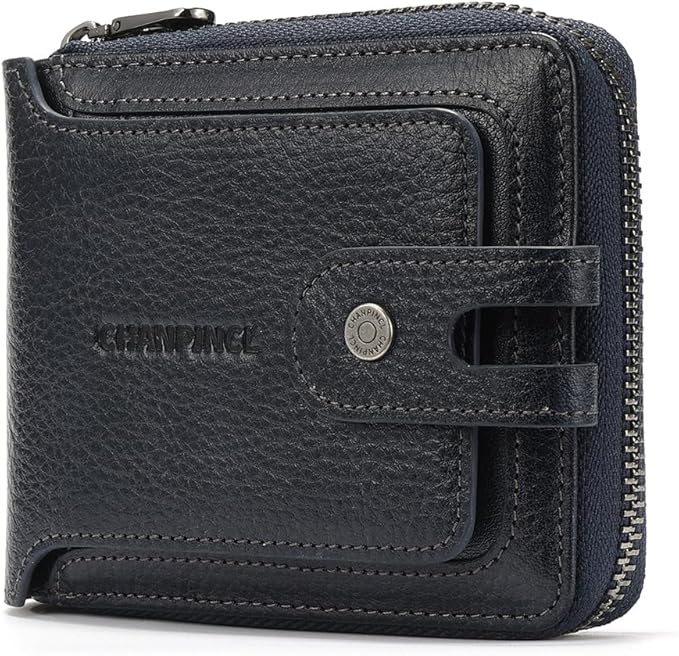 Men's brand buckle driver's license zipper genuine leather wallet, large capacity, multifunctional coin pocket (Bluish grey)