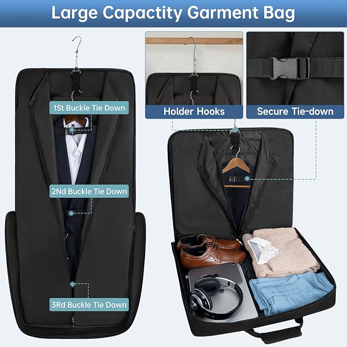 Garment Bags for Travel, 41'' Water-Resistant Carry On Garment Bag for Hanging Clothes, Large Suit Travel Bag Convertible Travel Garment Bag for Shirts, Dresses, Coats (Black)