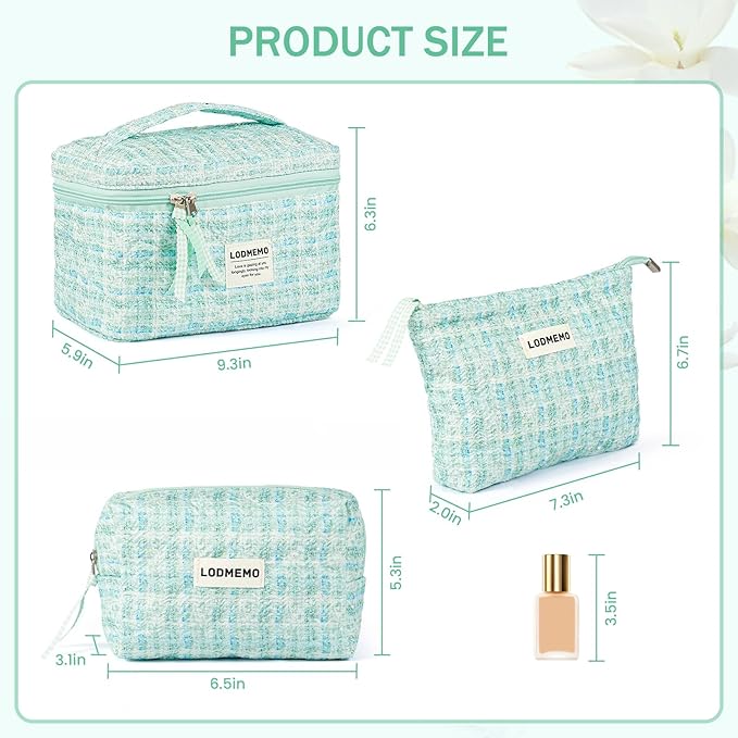Makeup Bag 3 PCS Quilted Cosmetic Bags for Women, Large Travel Make up Bag Set Cute Cotton Toiletry Bag Organizer Pouch for Purse, Green