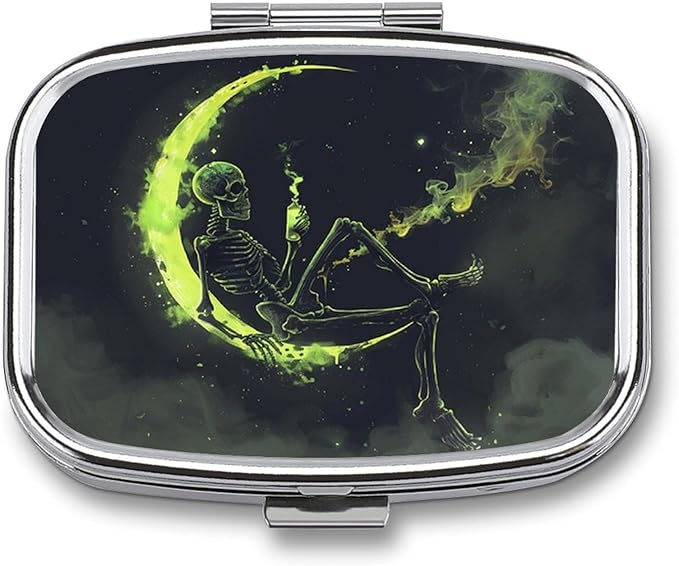 Metal 2 Compartment Pill Organizer Travel Friendly Portable Compact Pill Box Cute Pill Case to Hold Vitamins,Fish Oil,Supplements,Meds,Tablet for Purse,Pocket. (The Skeleton on The Moon)