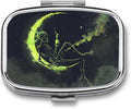 Metal 2 Compartment Pill Organizer Travel Friendly Portable Compact Pill Box Cute Pill Case to Hold Vitamins,Fish Oil,Supplements,Meds,Tablet for Purse,Pocket. (The Skeleton on The Moon)