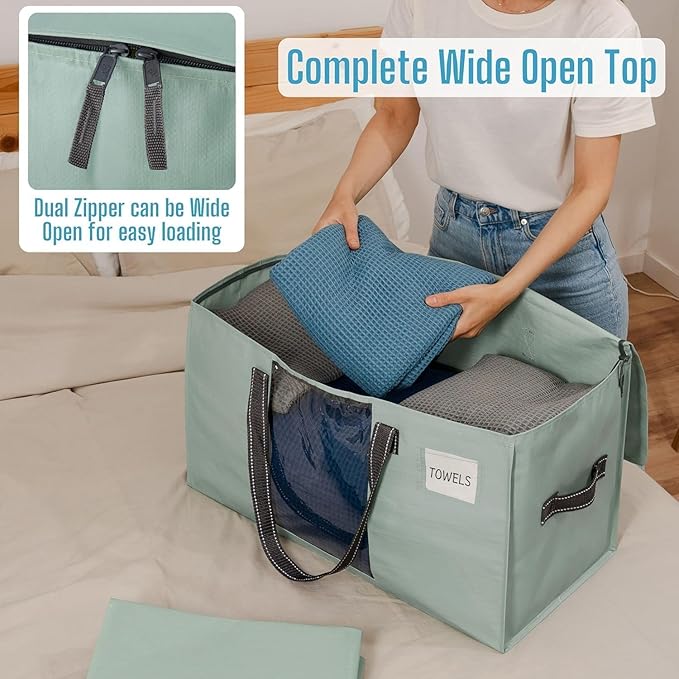 VENO 2 Pack Moving Bags, Comforter and Blanket Storage Bags for Closet, Moving Boxes, Boxes with Lids Alternative, College Dorm Packing Supplies, Foldable Heavy-Duty Tote (Light Green Matte, 2 Pack)