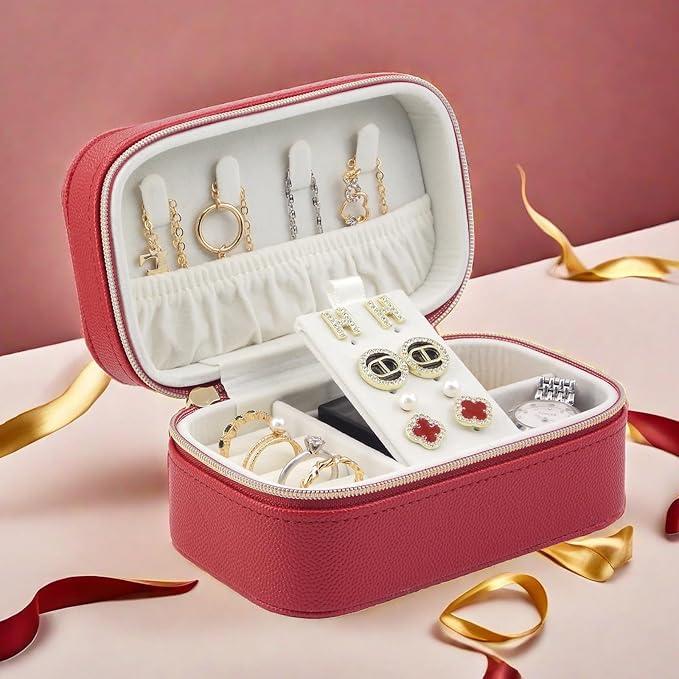 Small Jewelry Travel Case For Womens Small Rectangle PU Leather Jewelry Box With Zipper 2.56" H Portable Travel Jewelry Case For Earring Rings Necklaces Bracelets Red Jewelry Gifts Box