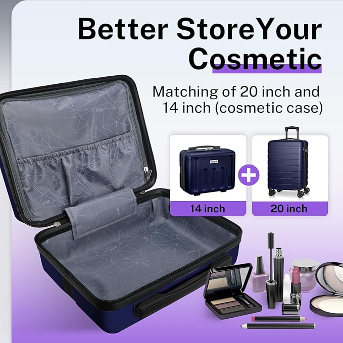 AnyZip Suitcase, 20" Carry On Luggage 14" Mini Cosmetic Cases Luggage Sets Hardside PC ABS Lightweight USB Suitcase with Wheels TSA for kids (2-Piece Set (14/20),DarkBlue)