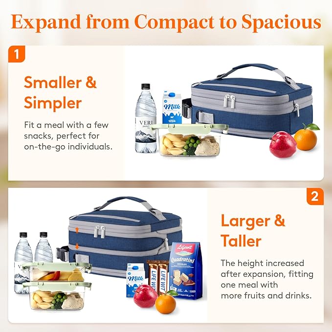 Lifewit Insulated Lunch Box for Men, Expandable Cooler Bag, Freezable Lunch Bag for Women with 2 Ice Packs and Shoulder Straps for Work Travel College, 8.2L Gray and Blue