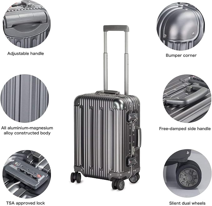 TRAVELKING All Aluminum Carry On Luggage with TSA Locks Fashion Cool Metal Hard Shell Spinner Suitcase (Grey, 20 Inch)