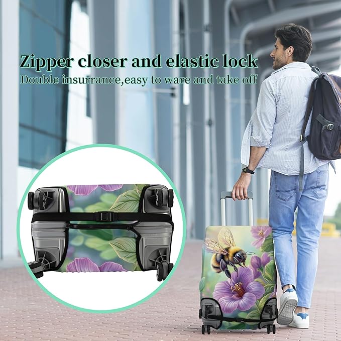 Luggage Cover + Tag, Bee Purple Flowers Travel Suitcase Cover for 22-24 inch Luggage (M) with Concealed Zipper, Washable Elastic Cloth, Dustproof, Anti-Scratch