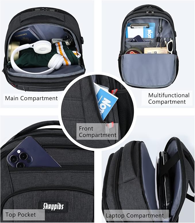 Backpack for Men Women, School Backpack, Large Quilted College Bookbag for Men, Water Resistant Travel Work Backpacks, Business Computer Back Pack with USB Charging Port, Fits 17" Laptop Black