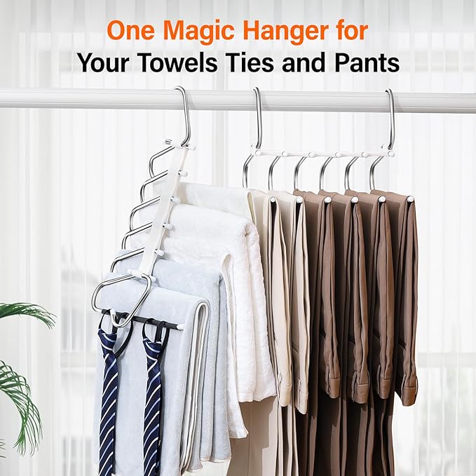 Upgraded Collapsible Pants Hangers Space Saving, 6 Layers Clothes Rack, Stainless Steel Multifunctional Closet Organizer, Non Slip Metal Hangers for Pants Jeans Skirts Trousers (1 Pack)