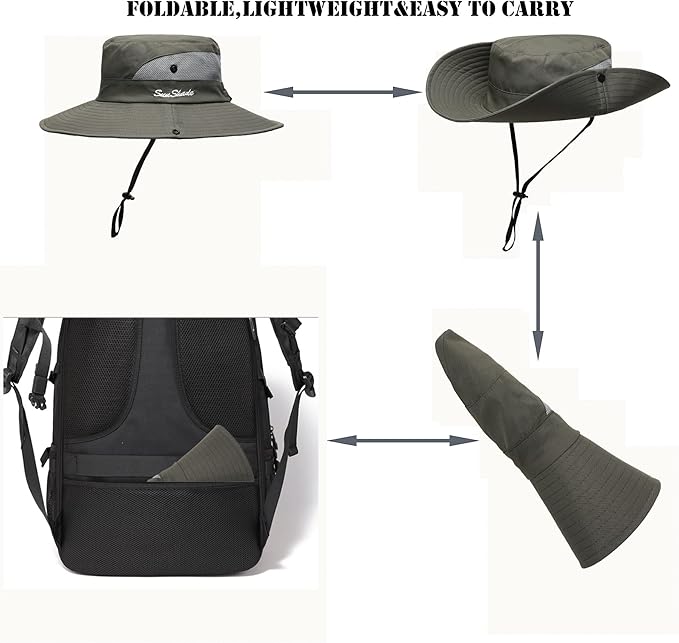 Womens Summer Sun Hat Beach Hat Wide Brim Outdoor UV Protection Hat Foldable Cool Mesh Ponytail Bucket Hat