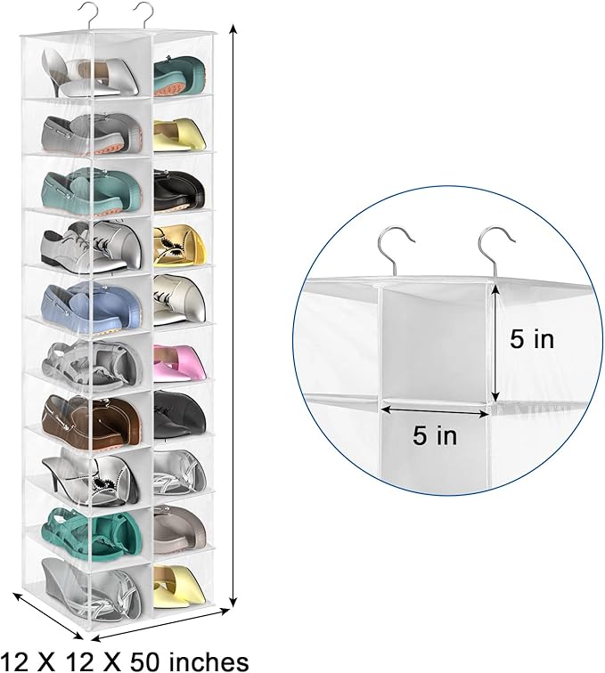 coastal rose Hanging Shoe Organizer for Closet, 20 Sections Hanging Closet Organizers and Storage Shelves, Space Saving Shoe Storage Rack Holder, Transparent White, 12''W×12''Dx 50''H