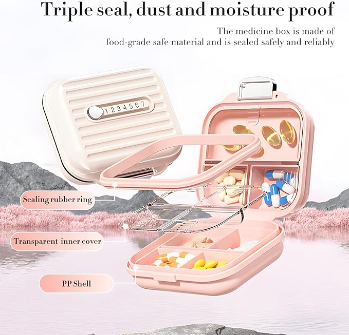 Travel Pill Organizer Box with Labels, 7 Compartments Portable Mini Pill Case, Daily Medication Organizer Storage Pill Container for Pocket Pharmacy(Pearly White, S)