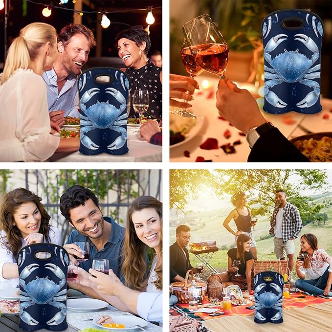 Neoprene Wine Tote, Bottle Carrier Gag Insulating Neoprene Thicker, Insulated Wine Bag for Travel Holds Two Bottles, Bottle Carrier Bags Protect the Bottles, Blue Crab