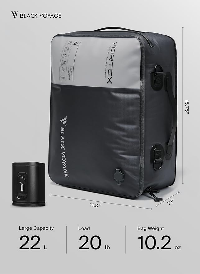 Black Voyage Reusable Vacuum Compression Travel Bag for Carry-On Suitcase and Backpack, Recycled IP67 Waterproof Space Saver Airback Vacpack (1-Pack, 21L - Pump Included)