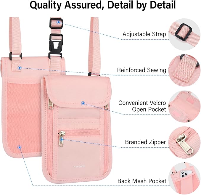 Hanke Passport Holder, Travel Wallet for Womens and Men, Neck Wallet Hidden Passport Pouch for Travel Adjustable Lightweight Thin with 6 compartments (Pink)