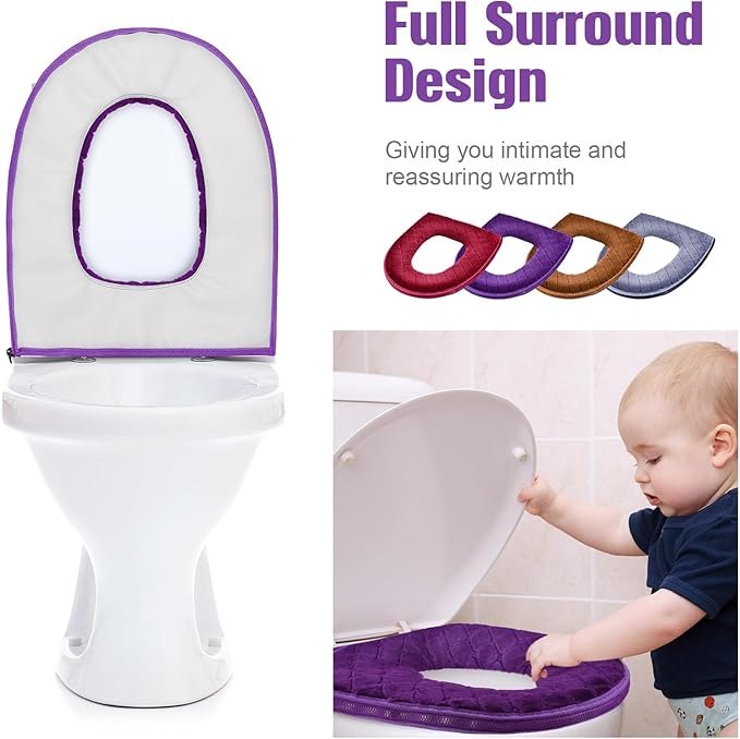Riakrum 4 Pcs Toilet Seat Covers Pads for Bathroom Comfortable Toilet Seat Cushion Cover Soft Thicker Warmer Washable Pad with Zipper Home Reusable(Modern,Gray, Violet, Red, Brown)