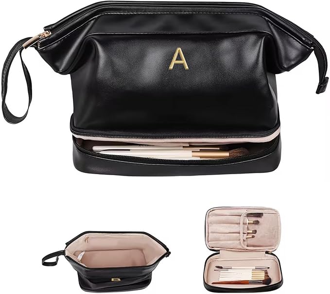 Birthday Gift Ideas, Gifts for Women, Initial Large Makeup Bag for Her, Travel Essentials, Girly Girl Stuff Cosmetic Bag with Makeup Brush Organizer, Gifts for Mothers Teens Girls