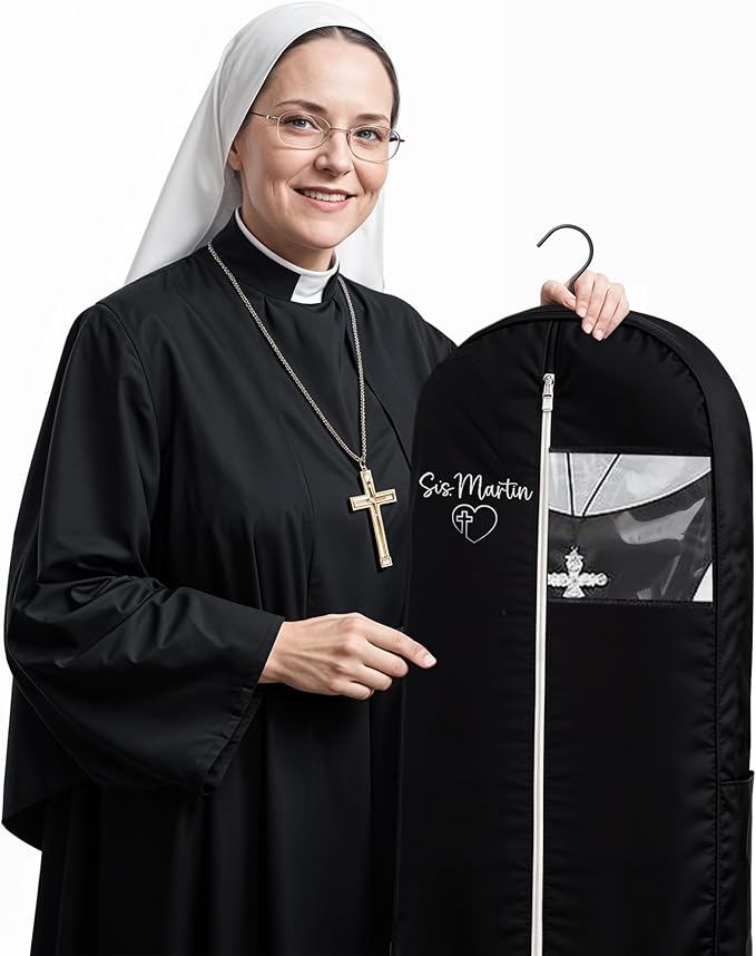 Personalized Garment bag for Hanging Clothes - Embroidered Name Garment Holder With 2 Mesh Pockets for Priest and Nun Robes - Ideal for Clergy Outfits, Uniform Cover Bag with Carry Handle - Black