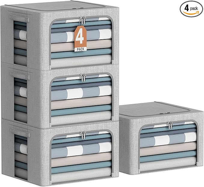 4 Pack Clothes Storage Bins with Metal Frame - Linen Fabric Foldable Stackable Container Organizer Set with Clear Window & Carry Handles & Zippers (Light Grey, 15.7"x11.8"x7.8")