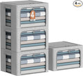 4 Pack Clothes Storage Bins with Metal Frame - Linen Fabric Foldable Stackable Container Organizer Set with Clear Window & Carry Handles & Zippers (Light Grey, 15.7"x11.8"x7.8")